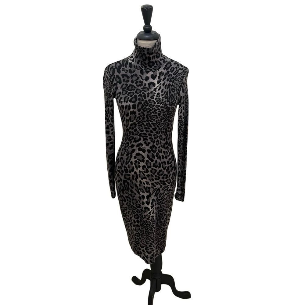 Cache Women's Leopard Print Turtle Neck Long Sleeve Dress Black Grays Size Small